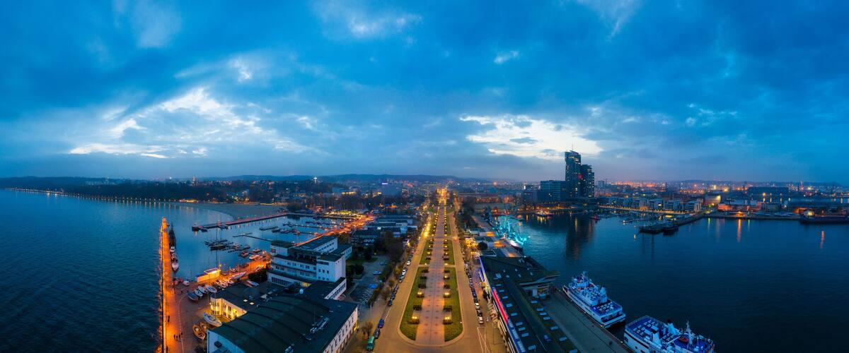 Amazing scenery of Kosciuszko Square in Gdynia by the Baltic Sea at dusk. Poland