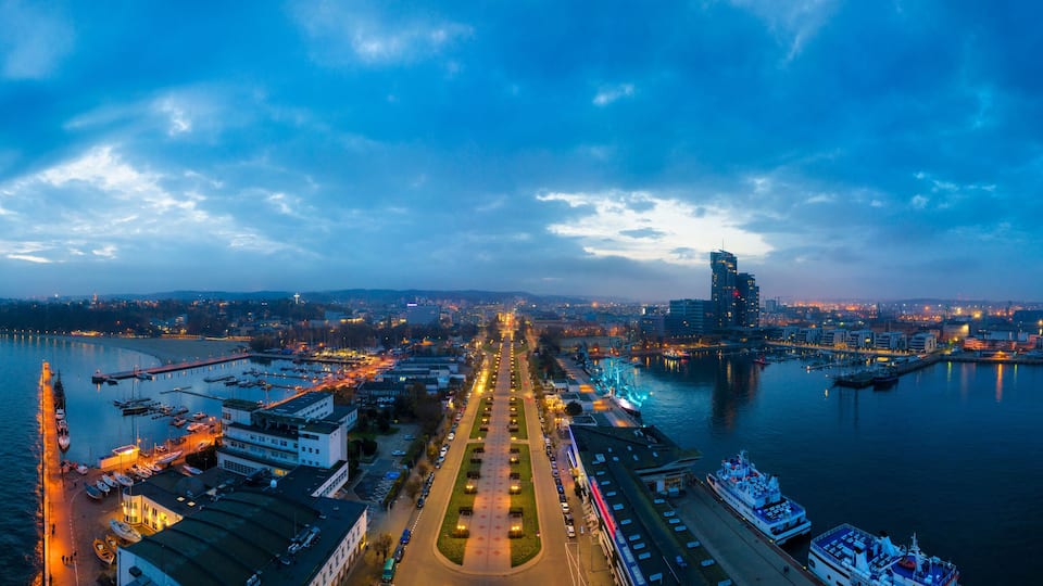 Amazing scenery of Kosciuszko Square in Gdynia by the Baltic Sea at dusk. Poland