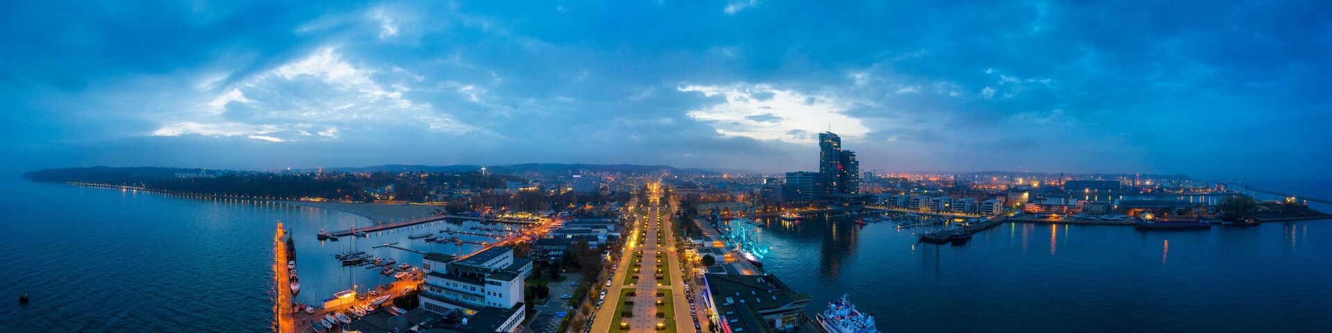 Amazing scenery of Kosciuszko Square in Gdynia by the Baltic Sea at dusk. Poland