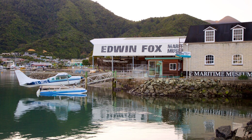 Edwin Fox Museum que inclui uma baĂa ou porto, montanhas e cenas de floresta