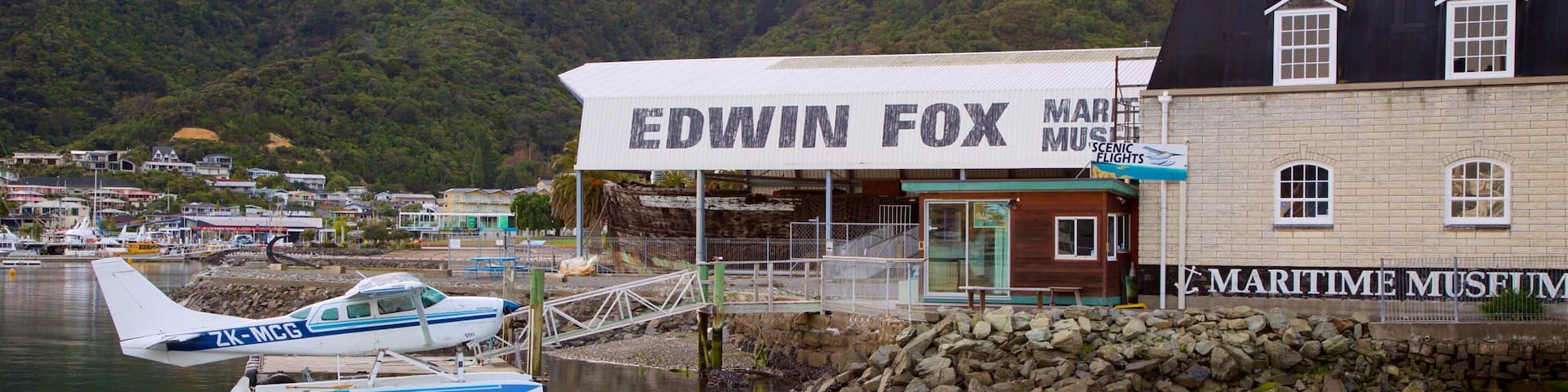 Edwin Fox Museum which includes a coastal town, mountains and aircraft