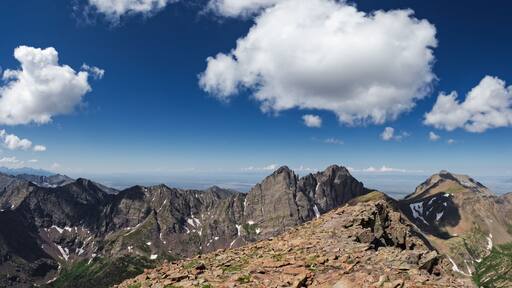 View from summit of Humboldt Peak looking West towards Crestone Needle and Crestone Peak with Kit Carson Mountain on the right in the Sangre de Cristo Mountains, Colorado