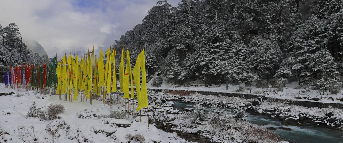 A snow-covered landscape with a river and a row of colorful flags.