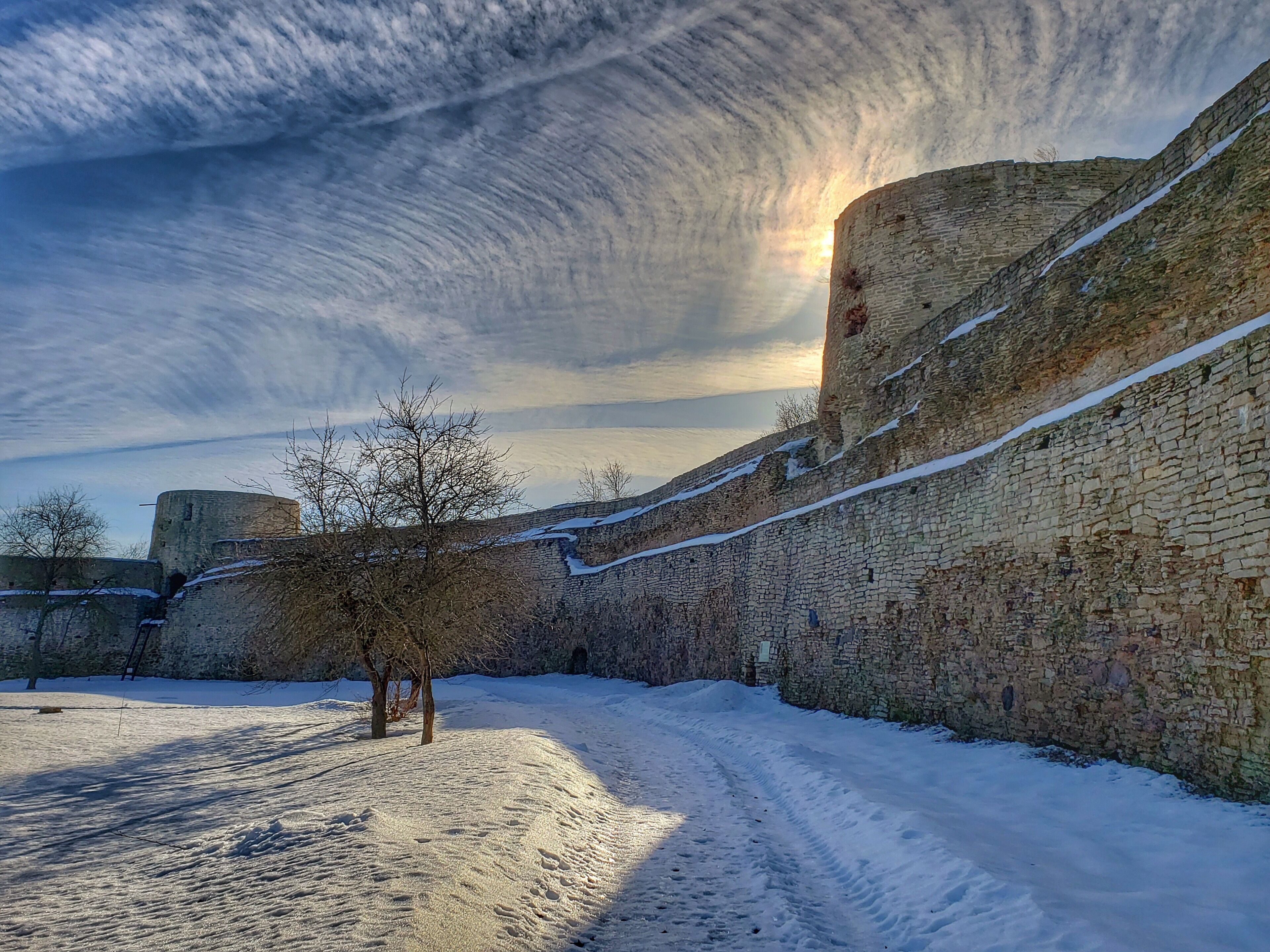 What you can't see in the photo: the difference in temperatures between the sunny and shady spots. Also, the hard pack snow/ice that made it hard to walk around the interior of this fortress.