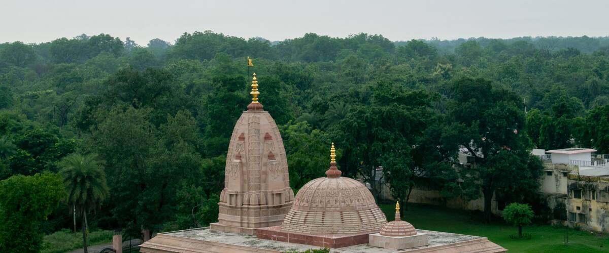 A temple with multiple domes and spires surrounded by dense forest.