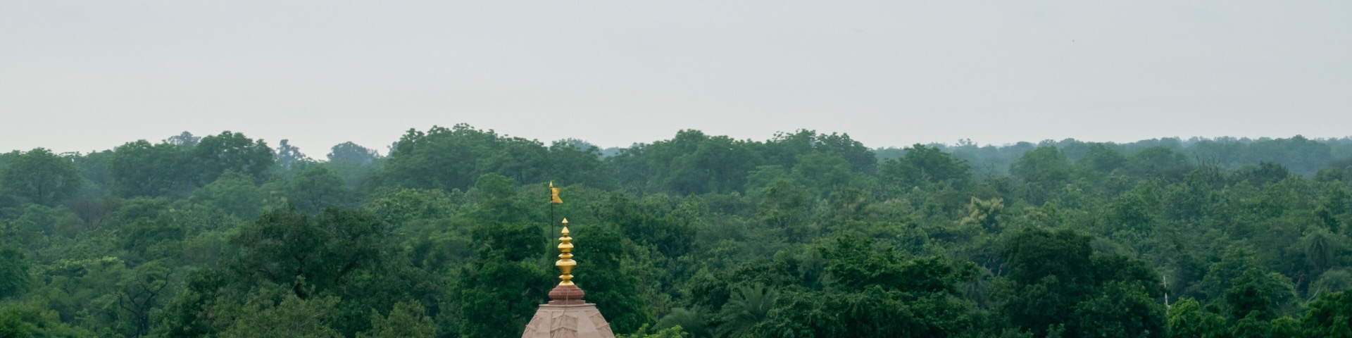A temple with multiple domes and spires surrounded by dense forest.
