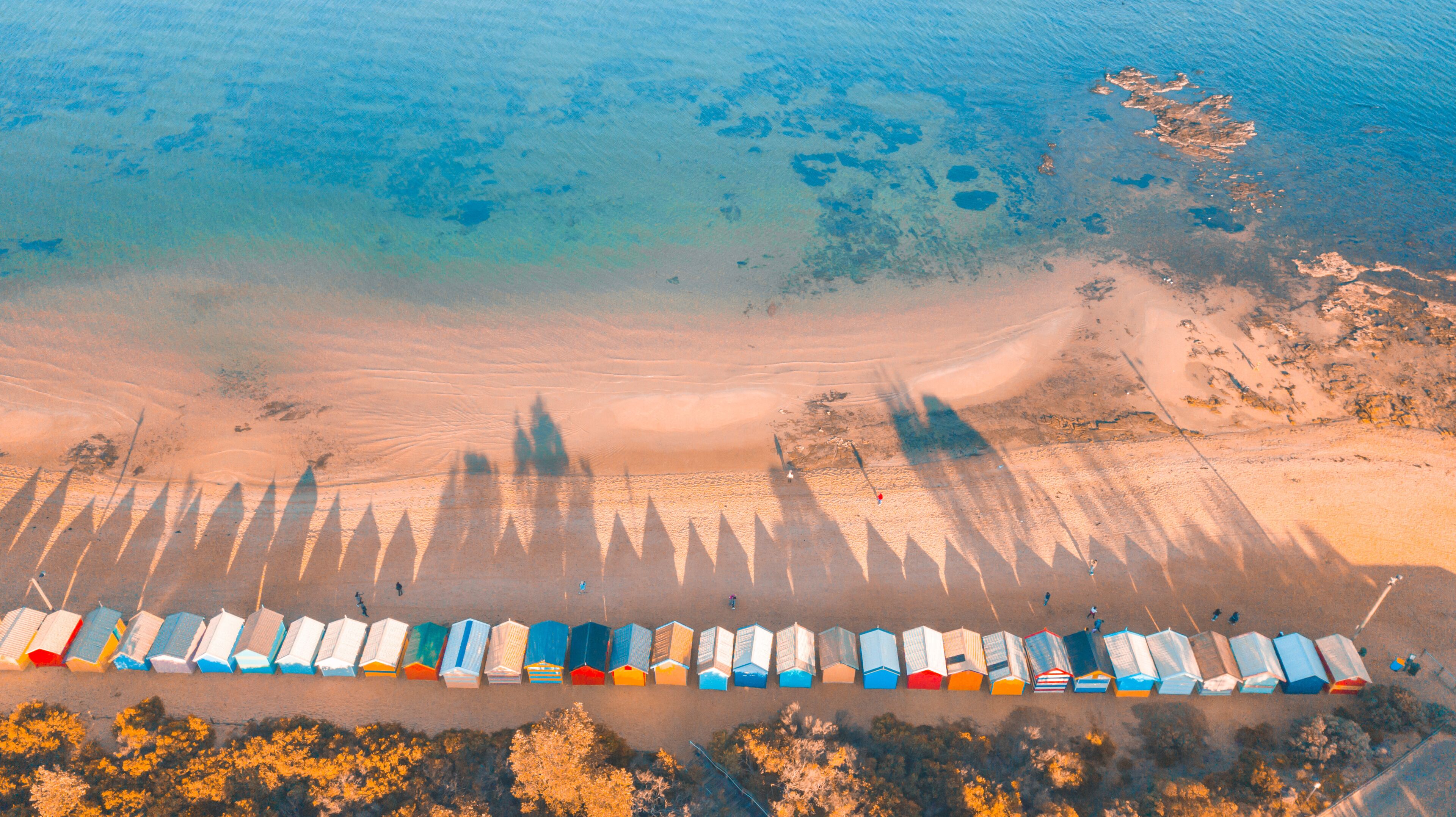 Aerial View of Iconic Bathing Boxes at Brighton Beach, Melbourne Australia
