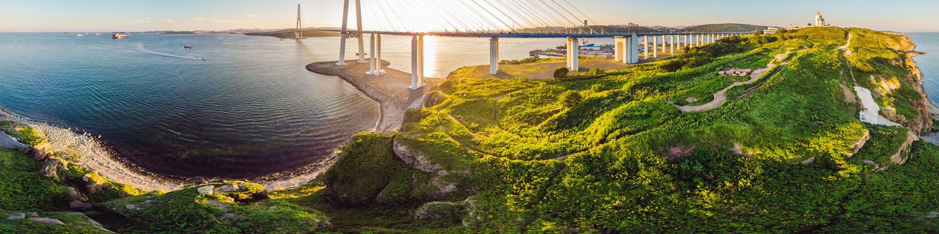 Suspension Russkiy Bridge seen from Russkiy island in Vladivostok, Russia