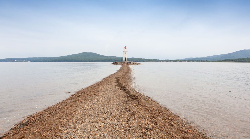Tokarevskiy Lighthouse on Tokarevskaya Koshka cape in Vladivostok, Primorsky Krai in Russia.