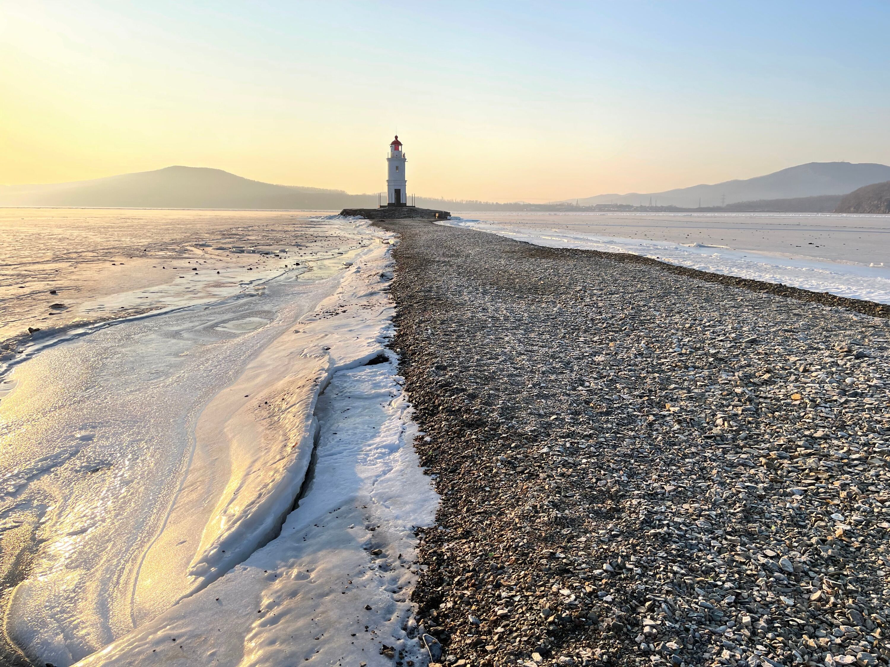 Russia, Vladivostok. Tokarevsky Lighthouse (Egersheld Lighthouse) on a winter morning, built in 1876
