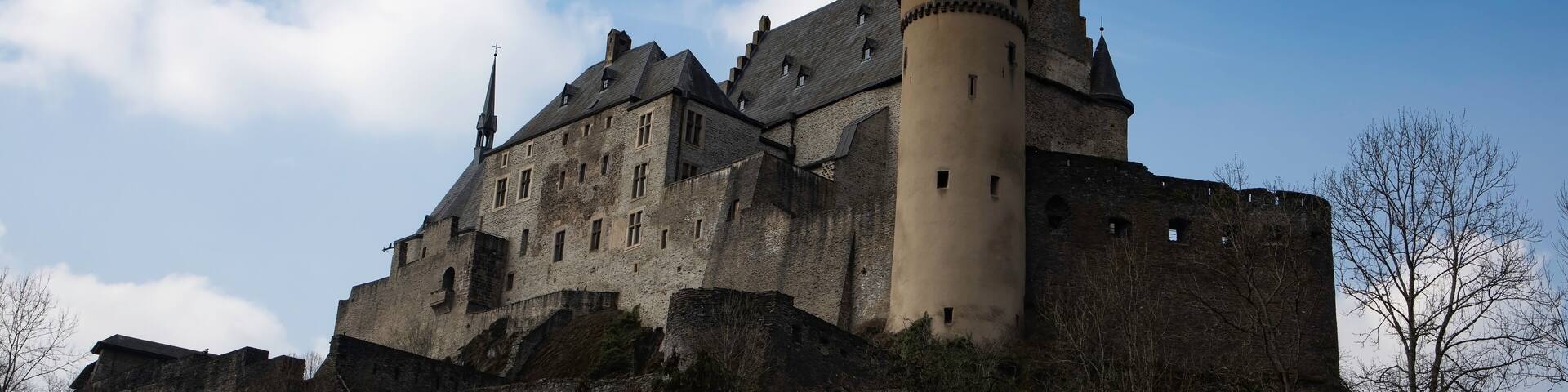 Beautiful view of Vianden castle and a small valley, Luxembourg.