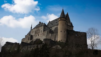 Beautiful view of Vianden castle and a small valley, Luxembourg.