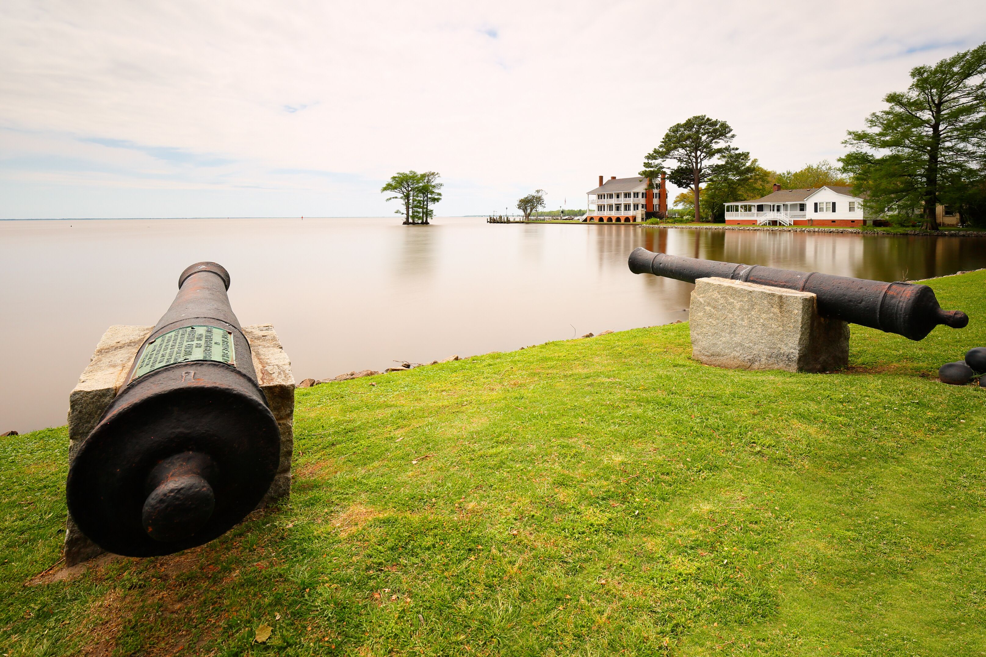 Swiss cannons overlook the waterfront of Edenton Bay in Edenton, North Carolina USA.