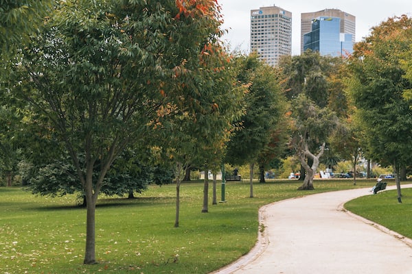 Un parc avec un sentier sinueux, des arbres et un bâtiment situé au loin.