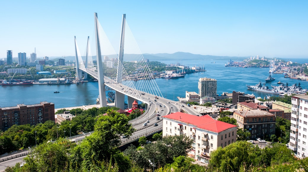 Russia, Vladivostok, July 2018: View of Golden Bridge over Golden Horn Bay of Vladivostok