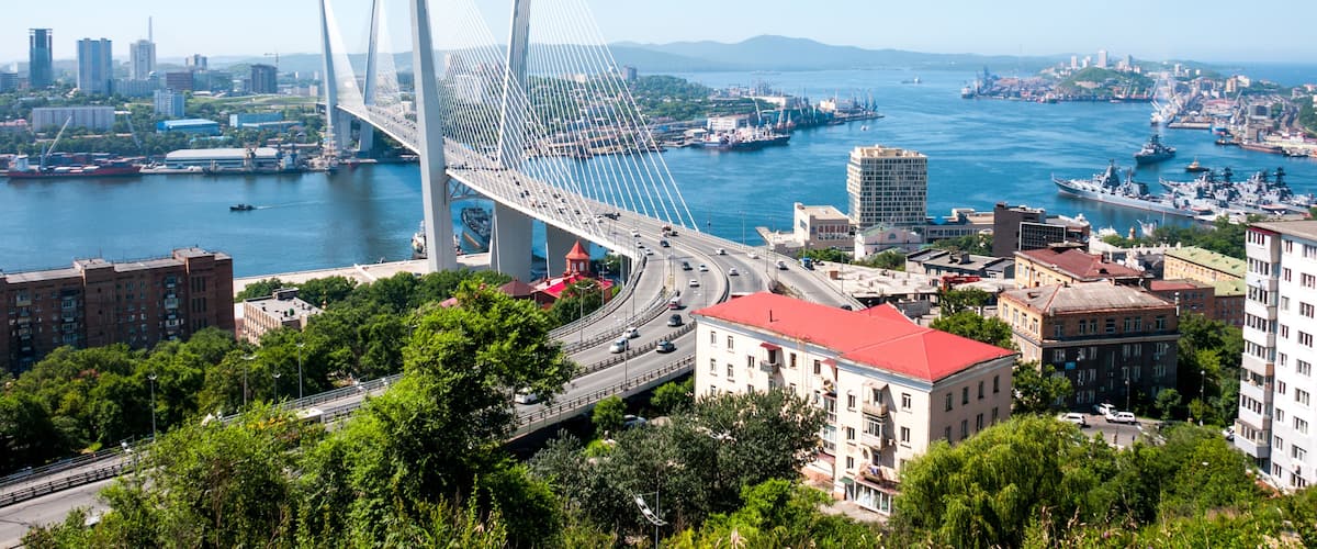 Russia, Vladivostok, July 2018: View of Golden Bridge over Golden Horn Bay of Vladivostok