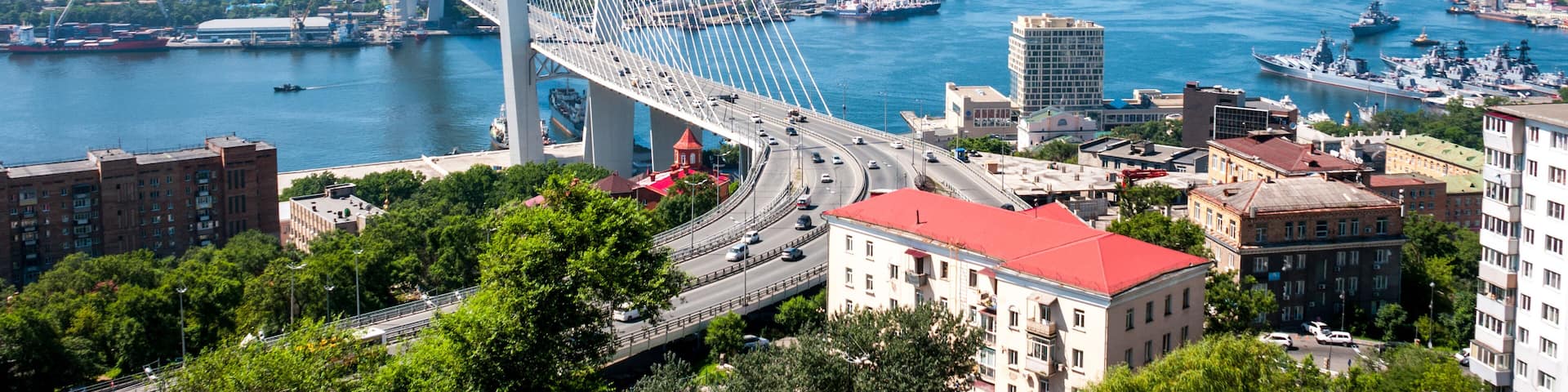 Russia, Vladivostok, July 2018: View of Golden Bridge over Golden Horn Bay of Vladivostok