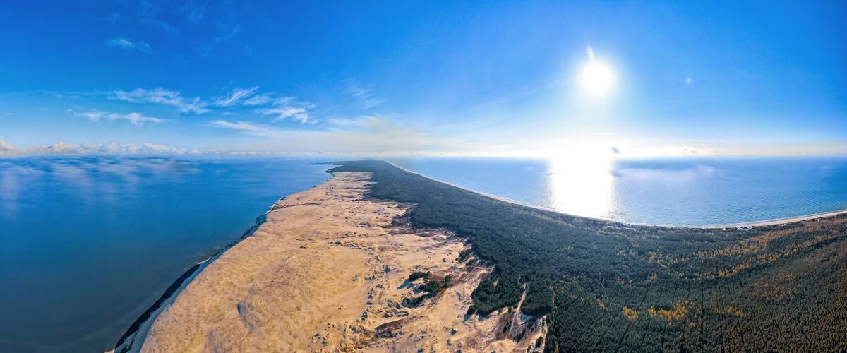 A coastal landscape with a sandy beach, dense forest, and a clear blue sky.