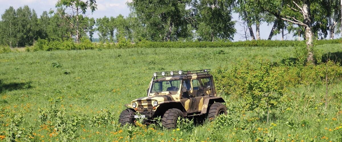 A beige off-road vehicle in a field with orange flowers and green trees in the background.