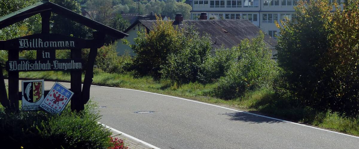 A road leading to a village with a sign reading "Willkommen in Waldflischbach-Burgalben".