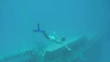 A diver underwater near a shipwreck.