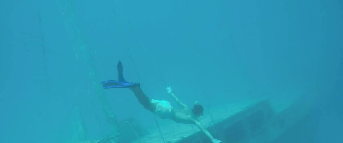 A diver underwater near a shipwreck.
