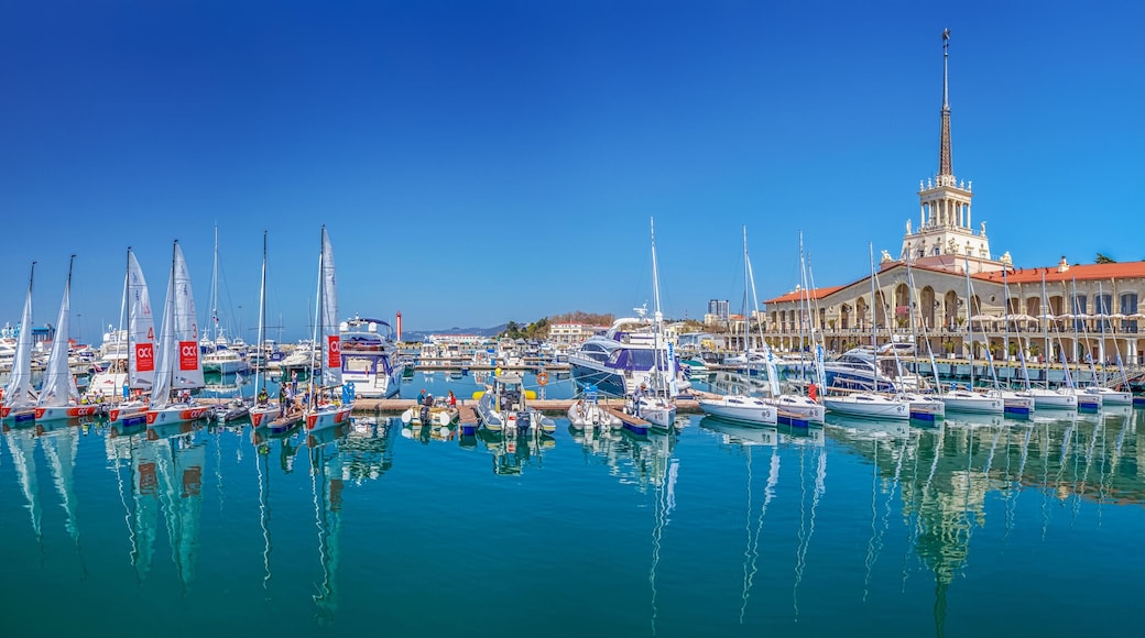 SOCHI, RUSSIA - APRIL 8, 2016: Yachts of the national sailing league in the seaport.