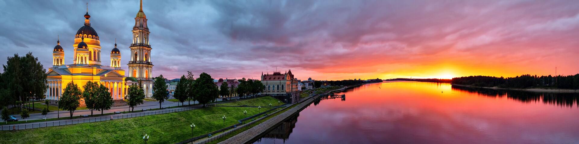 Panorama of Rybinsk on sunset with Volga river
