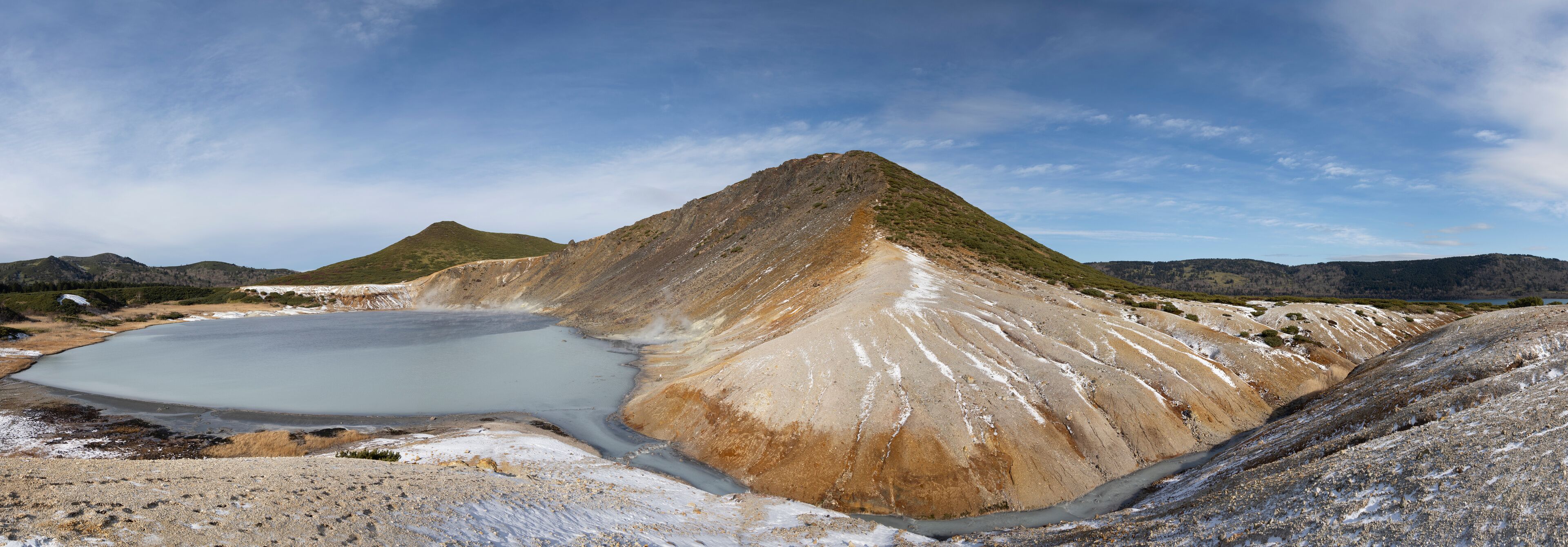 Caldera of Golovnina volcano on Kunashir island. Winter. South Kuriles