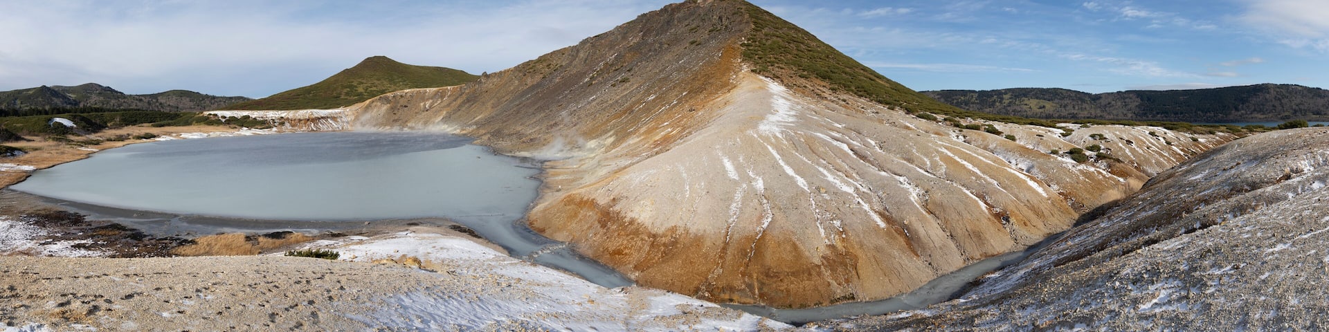 Caldera of Golovnina volcano on Kunashir island. Winter. South Kuriles