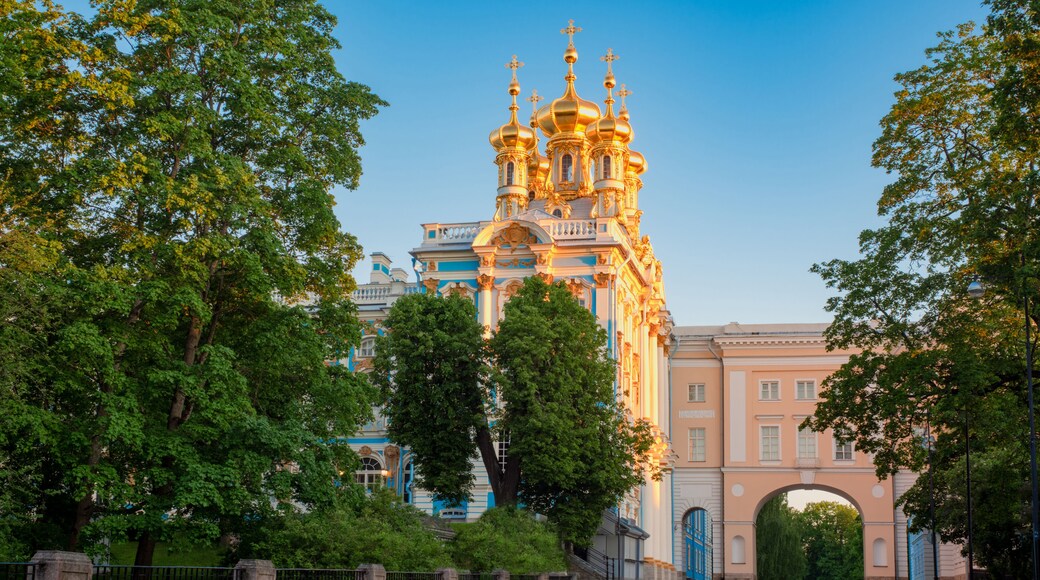 Saint Petersburg day. Russia. Church of Catherine Palace. Orthodox church in royal village. Tsar's village in city of Pushkin. Domes of Orthodox church on background of sky. Streets of St. Petersburg