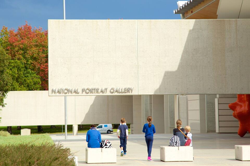 The National Portrait Gallery building with a large red sculpture in front.
