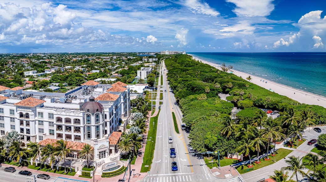 high aerial drone panoramic view of Beach in Boca Raton, Florida with city