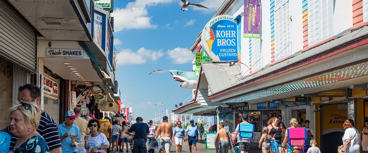 Ocean City Boardwalk which includes street scenes