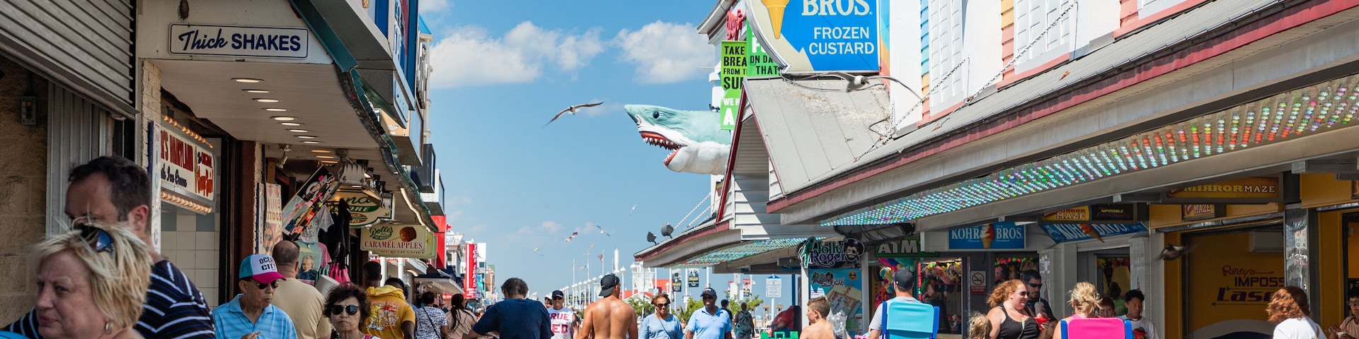 Ocean City Boardwalk which includes street scenes