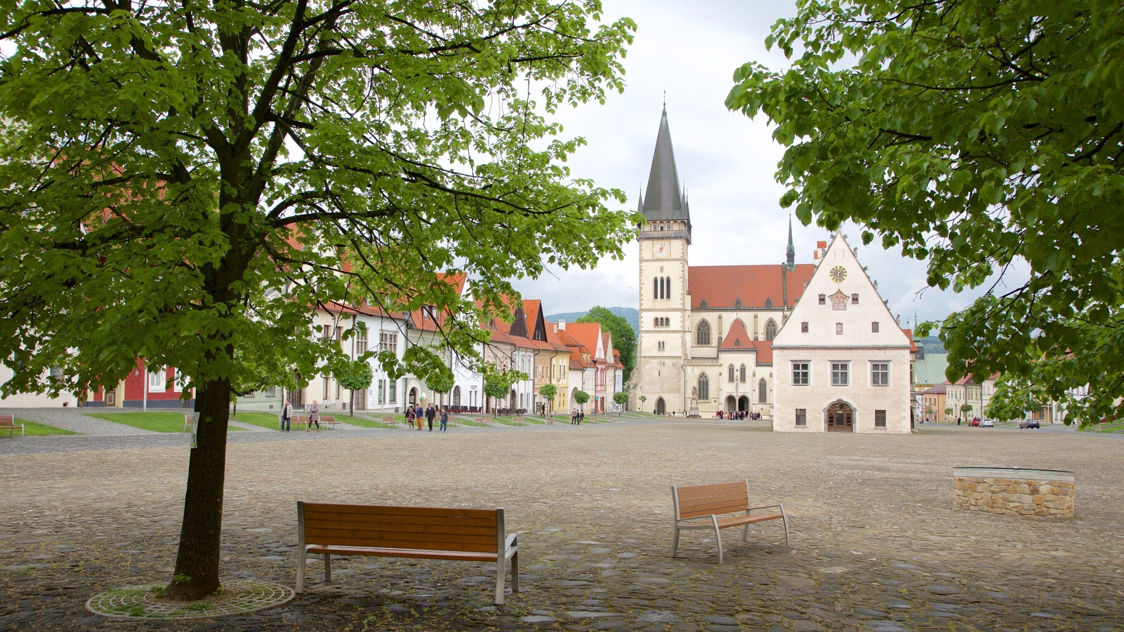Bardejov-torget som visar gatuliv och ett torg