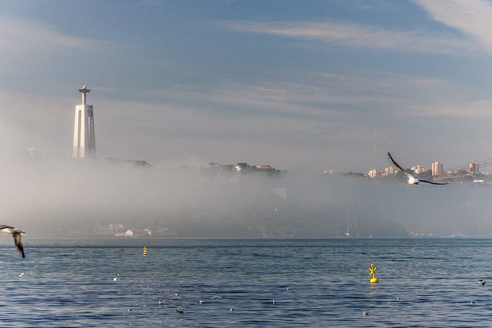 A foggy harbor with a bridge, a lighthouse, and seagulls flying over the water.