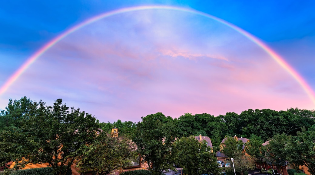 A rainbow arching over a suburban neighborhood with houses and trees.