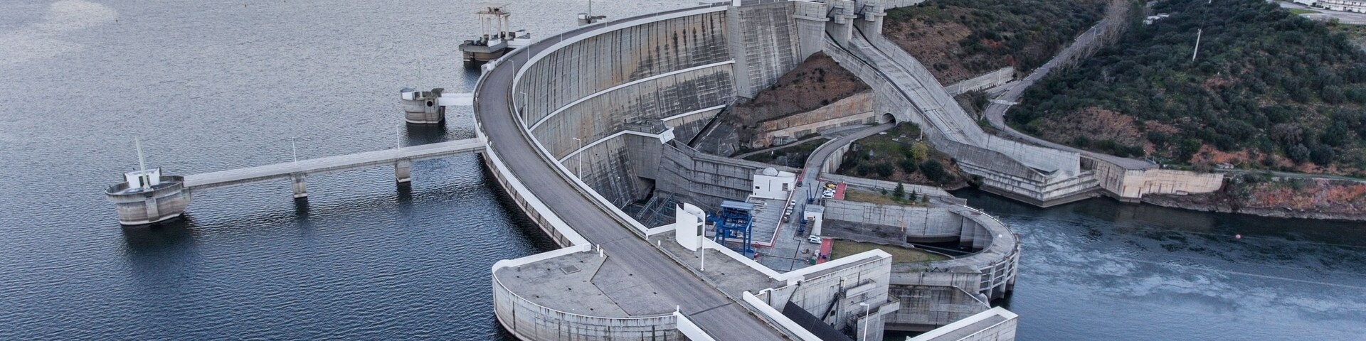 Aerial. View from the sky of the dam on the river Guadiana.