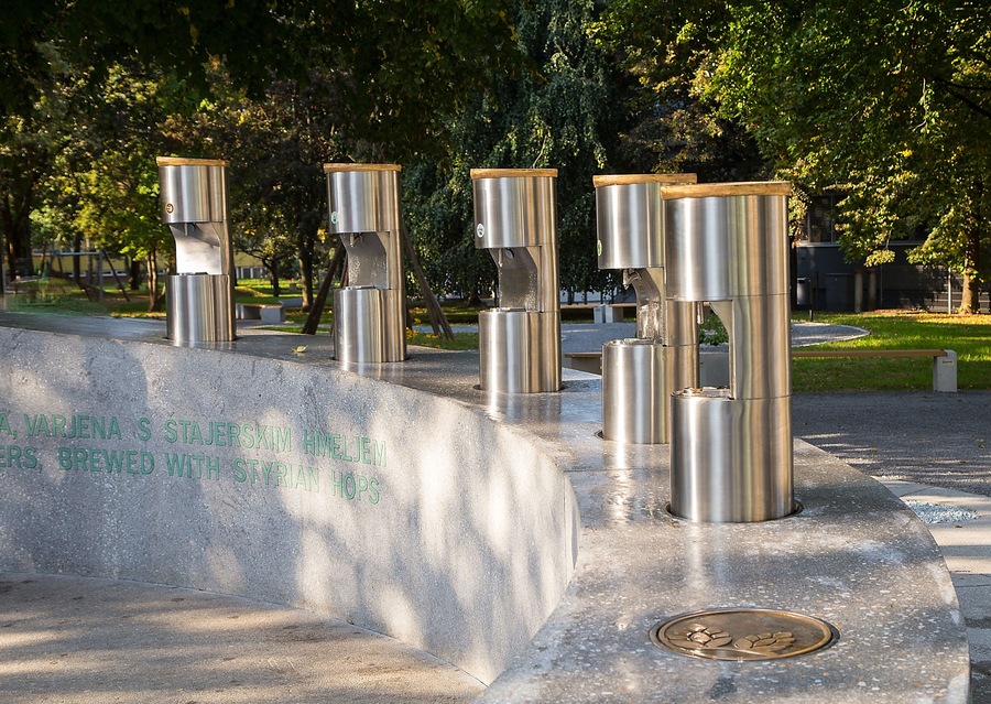 Žalec, Slovenia - October 01, 2016: Public beer fountain in the town park at Žalec, Slovenia.