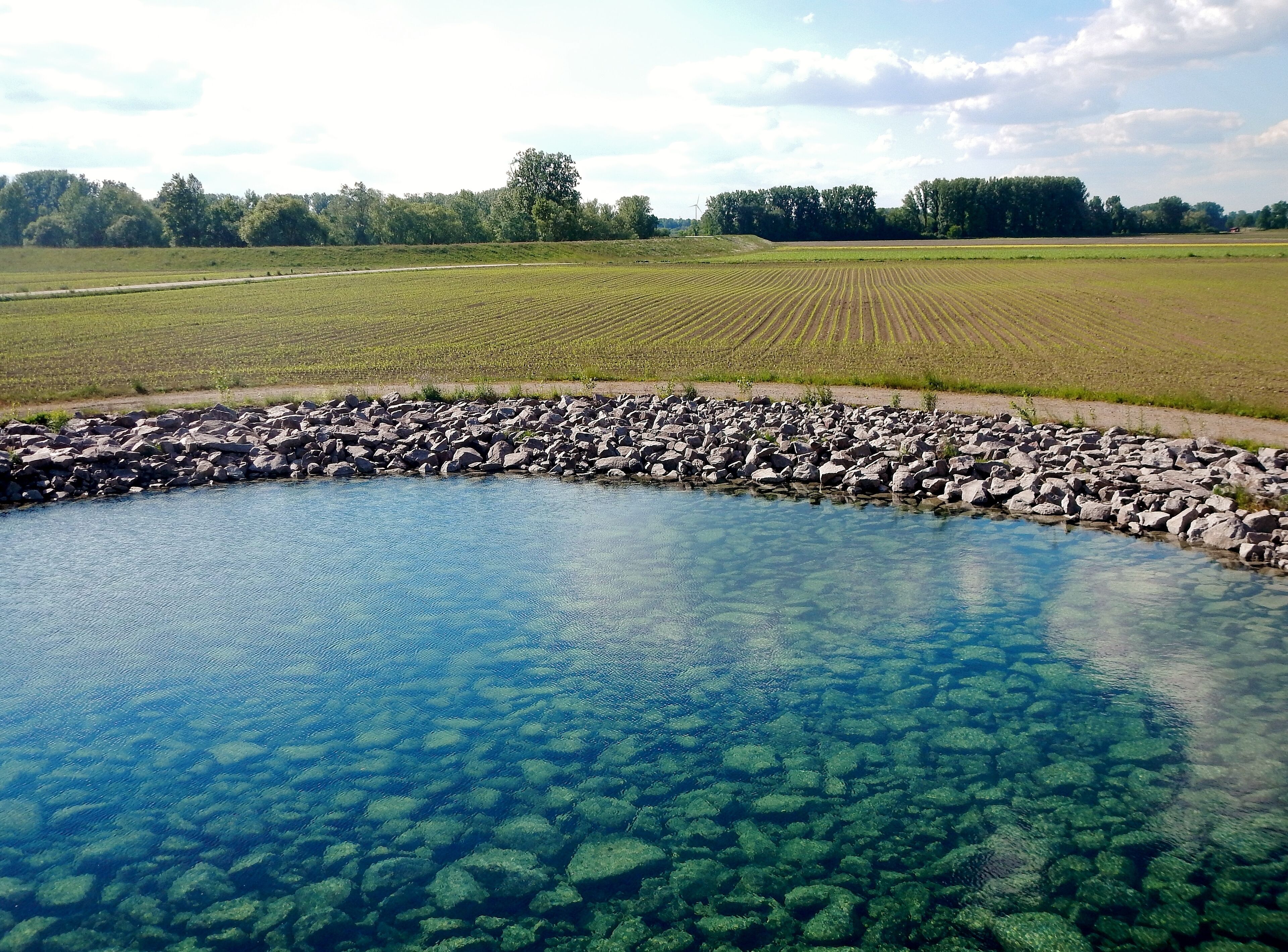 A clear pond surrounded by a rocky edge, with fields and trees in the background.