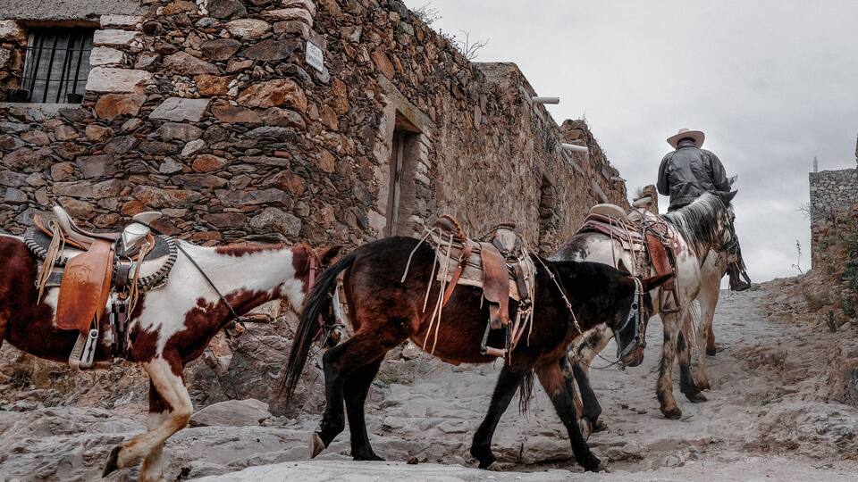 A stone building with a sign, a person on horseback, and two horses with saddles.