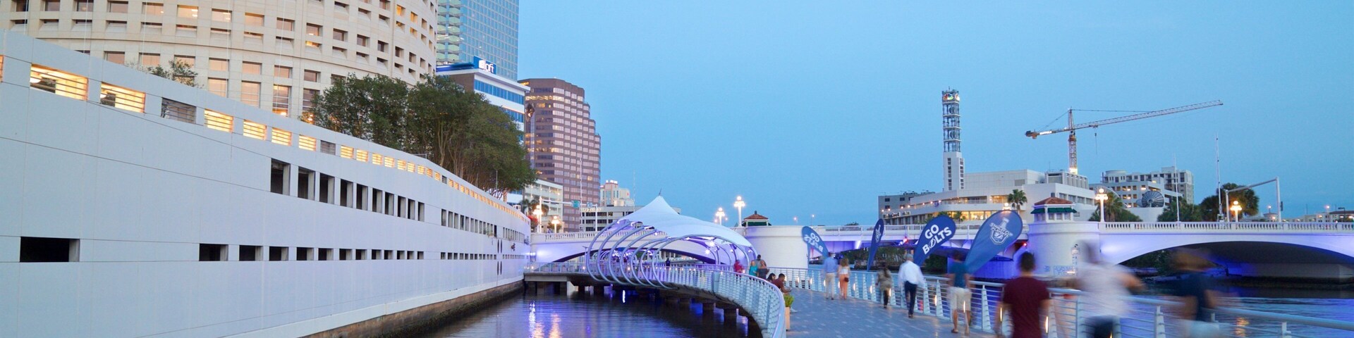 Tampa Riverwalk featuring a bridge and a river or creek