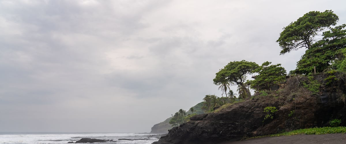 A beach with dark sand, waves, and trees on a rocky cliff.