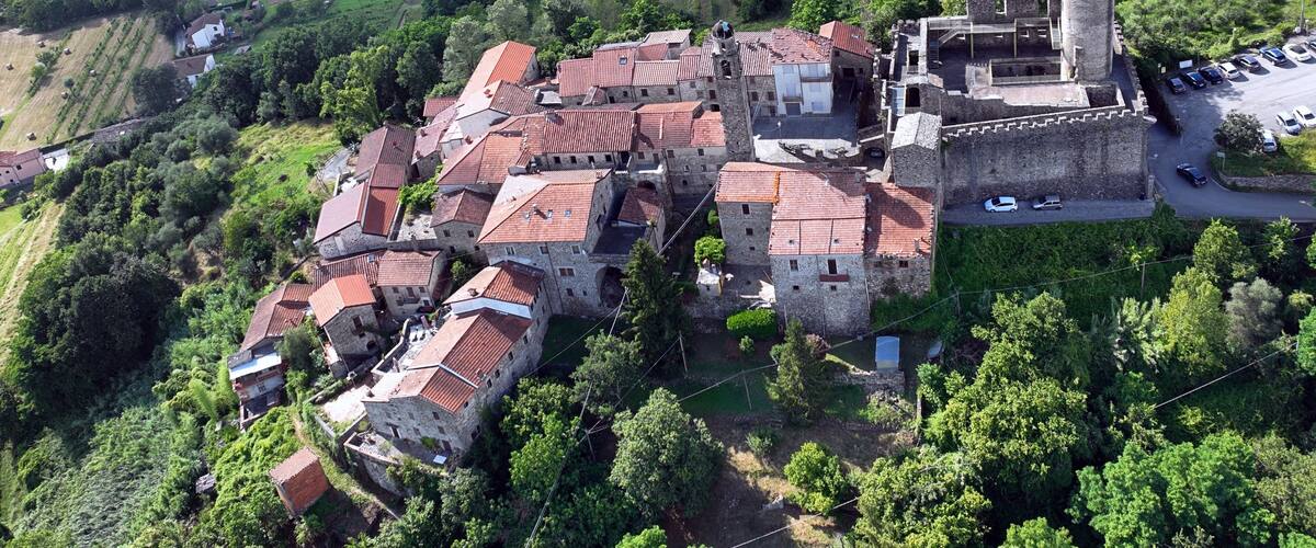 An aerial view of a historic town with stone buildings, a prominent tower, and surrounding vineyards.