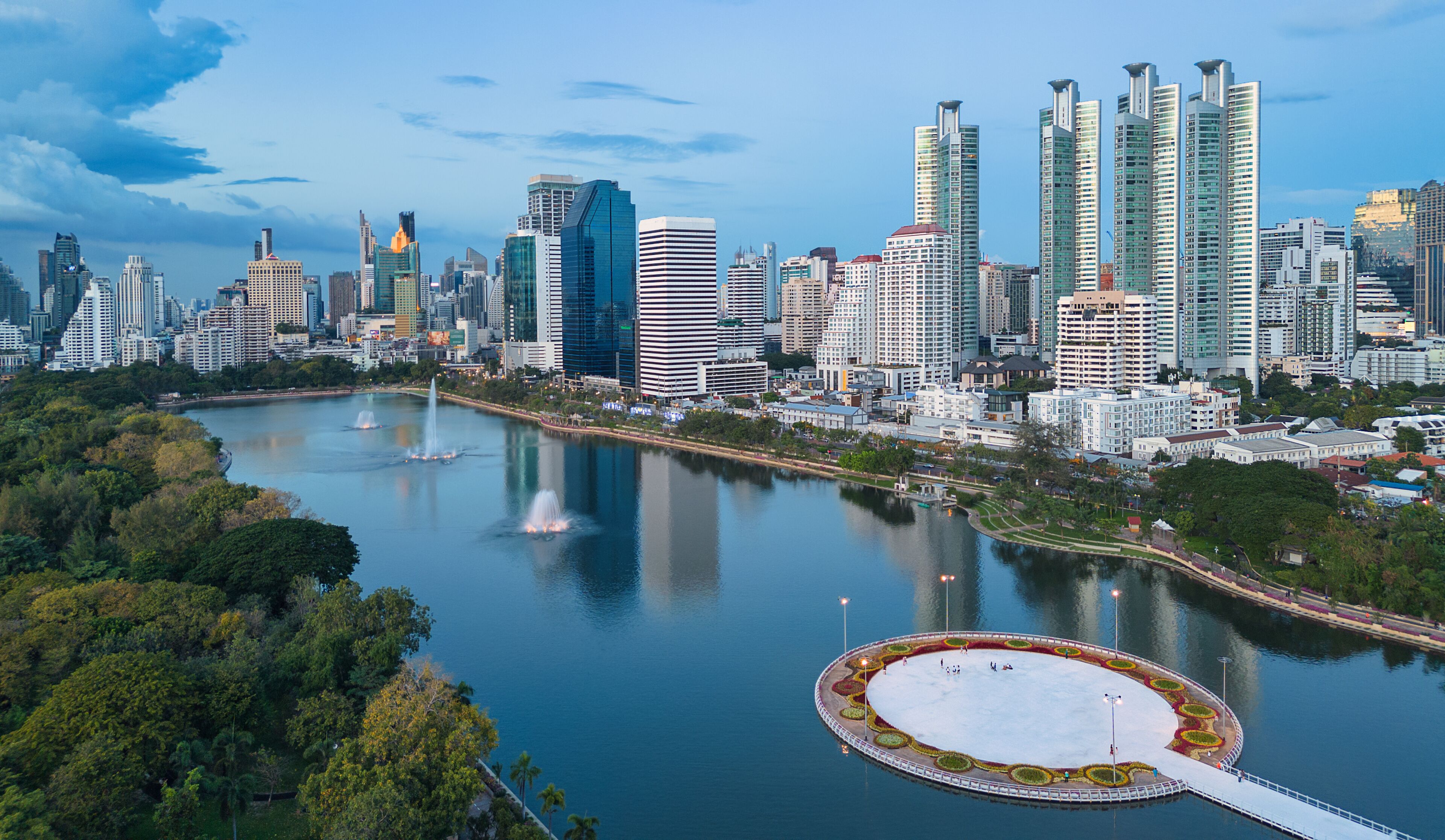 Aerial view from Benchakitti Park towards Asok in Bangkok, Thailand.