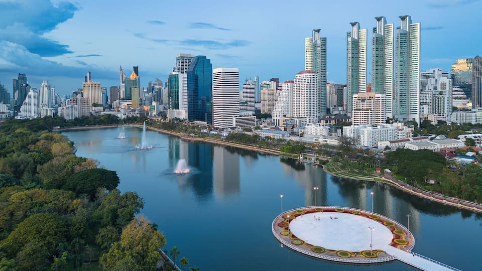 Aerial view from Benchakitti Park towards Asok in Bangkok, Thailand.