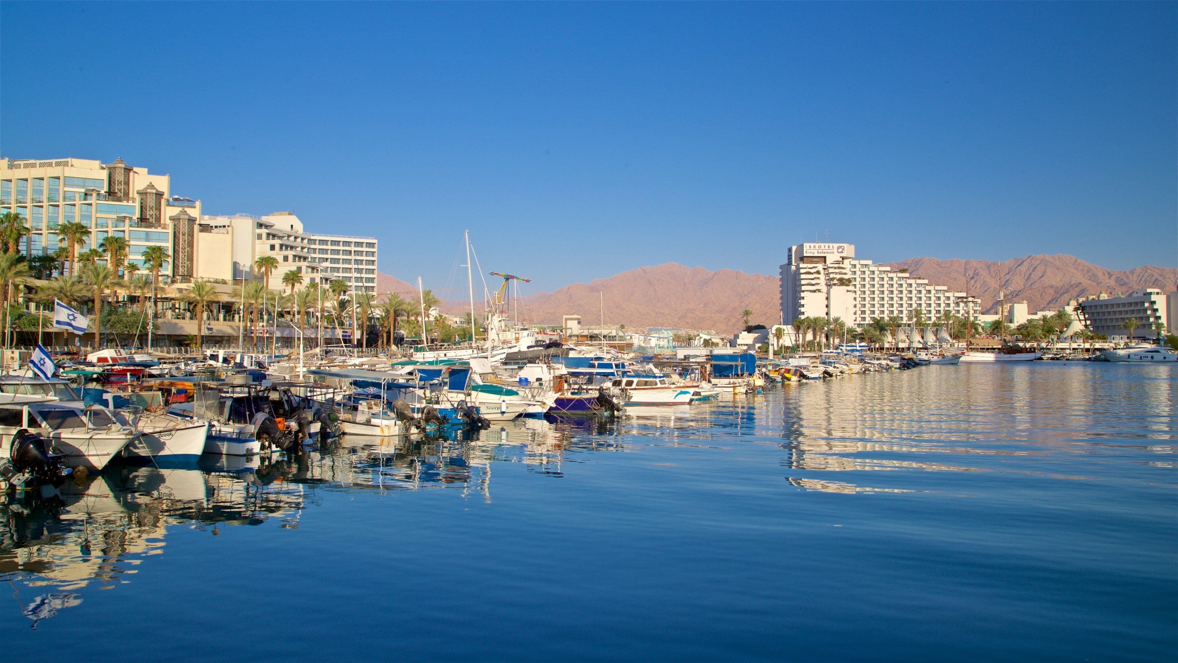 Eilat Marina which includes a bay or harbor and a luxury hotel or resort