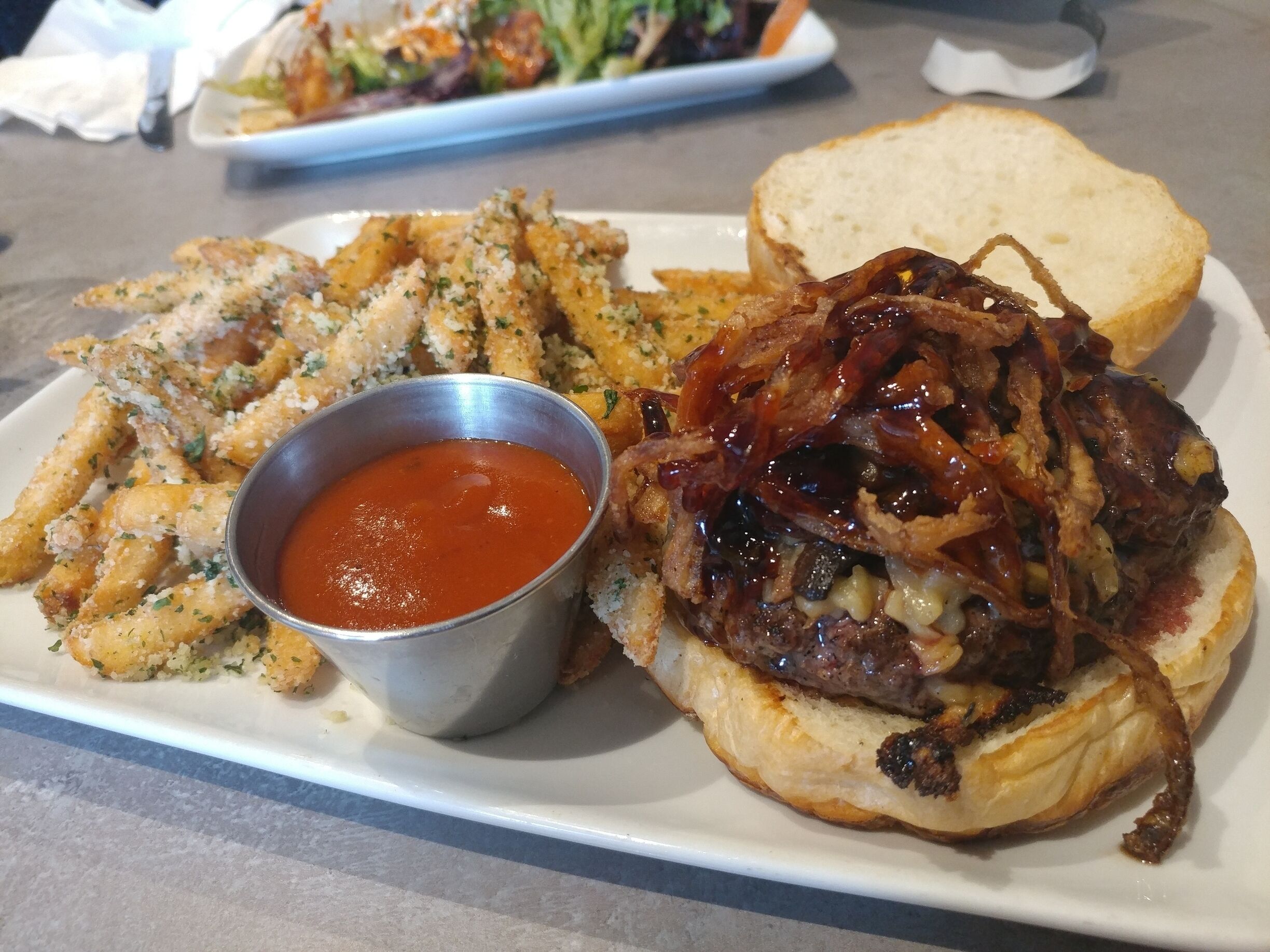 2018 burger no.6

The mushroom, soy & rosemary burger from Herb'n Cafe in Pickerington - Ohio Beef, Rosemary Infused Mushrooms, Sweet Soy Reduction, Smoked Gouda.
