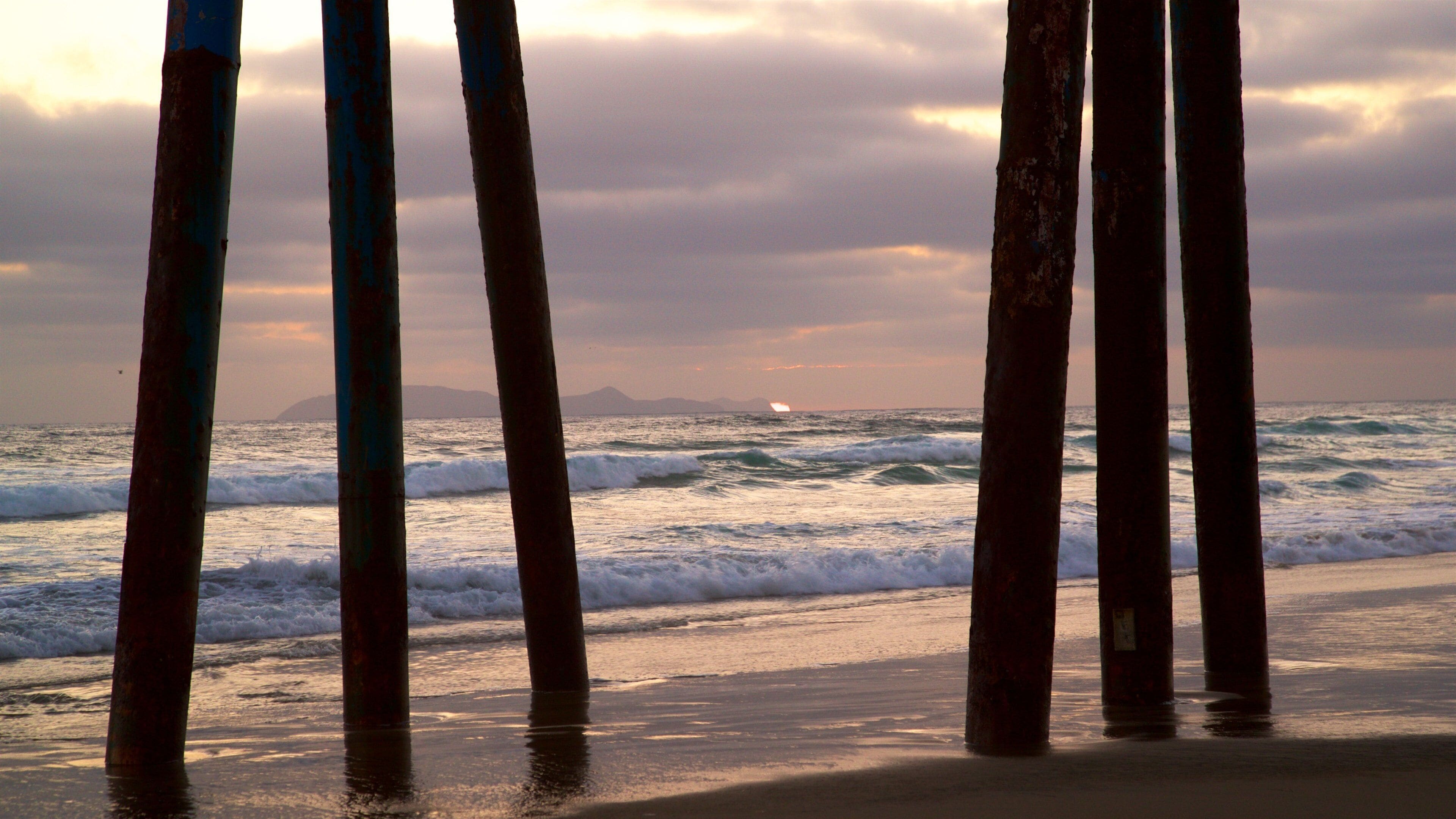 Una playa con postes de madera y olas rompiendo en la orilla.